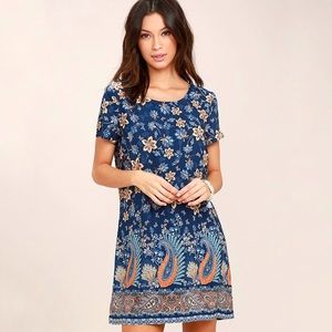 Lulus Womens A Place For Us Blue Floral Print Shift Dress Short Sleeves size S